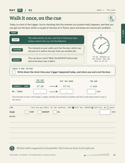 Day 01, Walk it once, on the cue: today’s job, a ten-minute task, and blank boxes for your version.